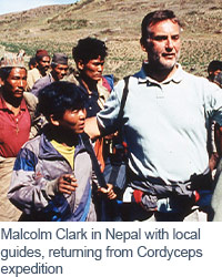 Malcolm Clark in Nepal with local guides, returning from Cordyceps expedition